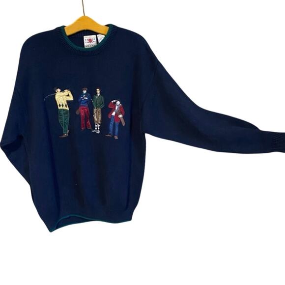Vintage Men's Cotton Traders Sport Navy Sweater w Embroidered Golfing Figures L - Picture 1 of 5